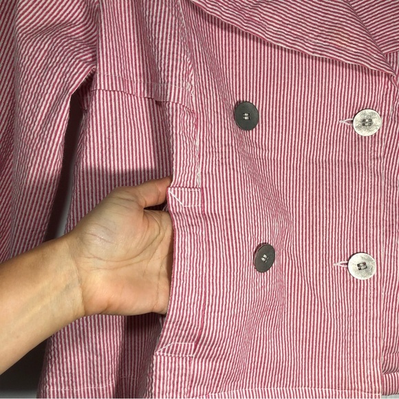 LAL Live A Little Cotton Blend Red / White Stripe Button Front Blazer Jacket L - Picture 4 of 12